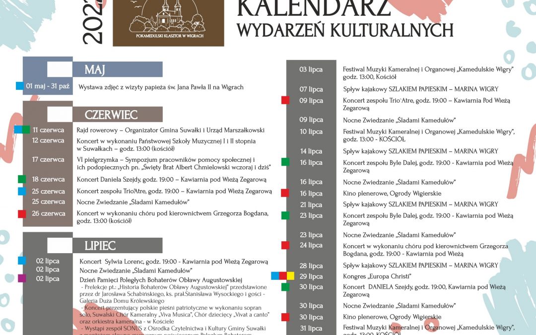 Kalendarium wydarzeń kulturalnych w Pokamedulskim Klasztorze w Wigrach w 2022r.